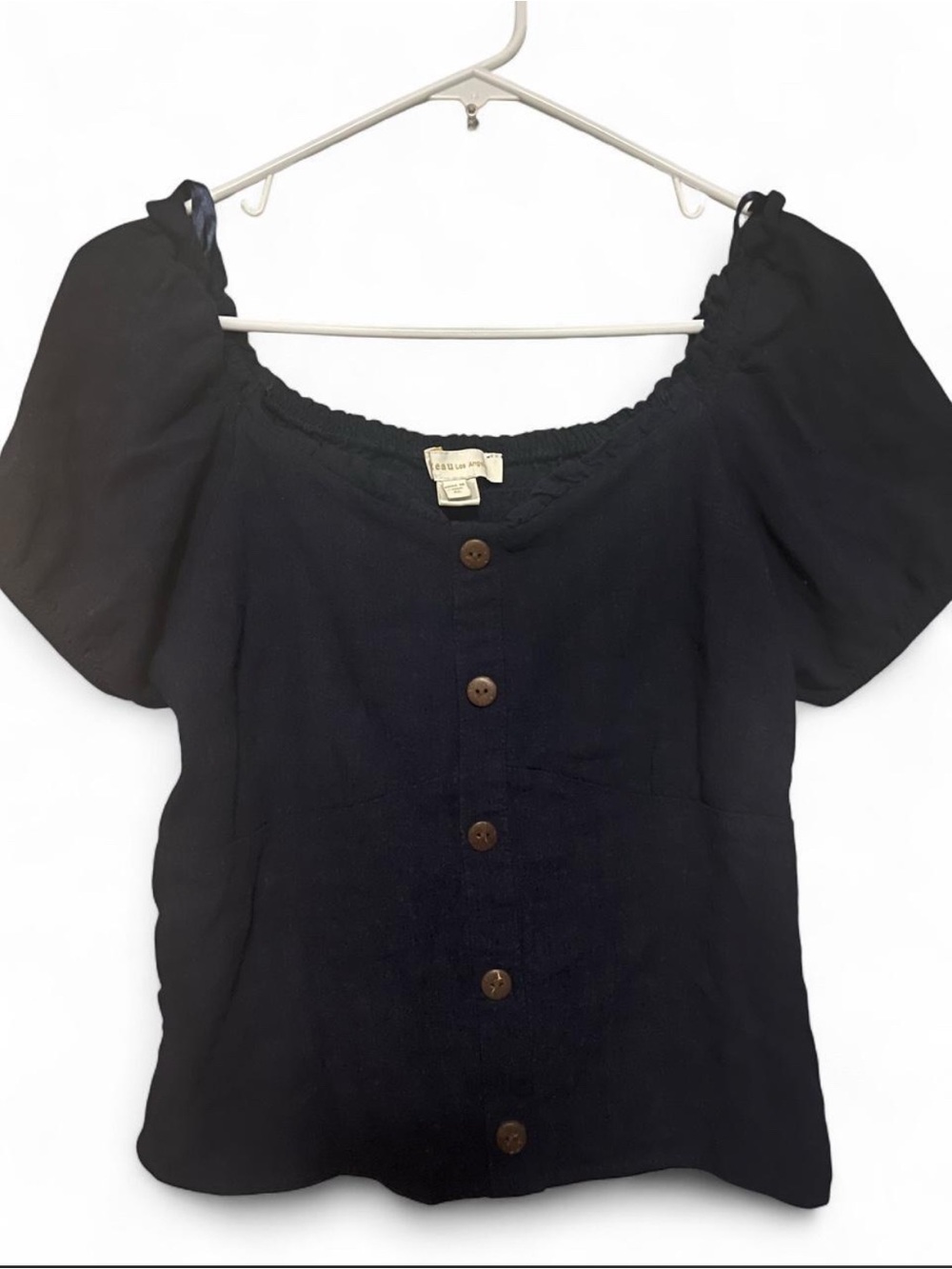 Black Puff Sleeve Button-Front Women's Top
